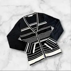 ヒロココシノ　長袖カーディガン　ブラックボーダー　毛100%ストレッチ日本製　M