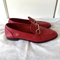 【美品】ZARA リアルレザーローファー 赤 革のサムネイル