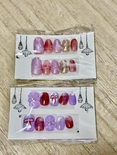 フラワー リボン ネイルチップ 付け爪 パープル 2個セット