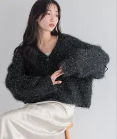 ローリーズファーム　ラメシャギーVカーディガン　ブラック　FREEサイズ