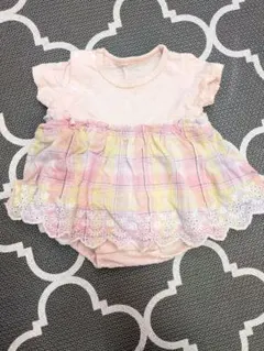 ピンク系 チェック柄スカート付きロンパース