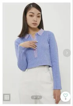 ラグアジェム ショート丈　ポロニット　トップス 襟付き　総柄　千鳥柄 柄ニット