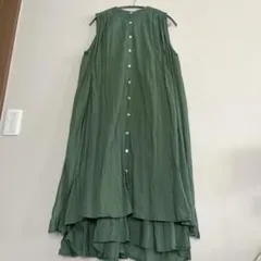 グリーン ノースリーブシャツワンピース 重ね着風ワンピース