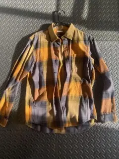 オレンジ グレー チェック柄 長袖ネルシャツ