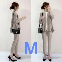 ペプラムパンツスーツ 卒園 卒業式 入学式 入園式 オフィス ベージュ M