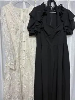 【2点セット】SHEIN 総レースワンピース & フリルロングドレス フェミニン