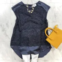 美品LANVIN en Bleu レース ノースリーブ カットソーネイビー上品のサムネイル