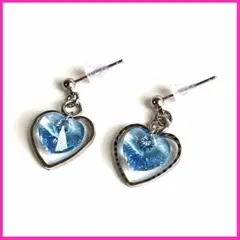 ハンドメイドピアス　スワロフスキー　アクアマリン　ハートチャーム　シルバー