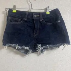 デニムショートパンツ ダークブルー フリンジヘム