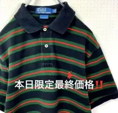 90s‼️ラルフローレン　ポロシャツ　M　ボーダー柄　刺繍ロゴ古着.