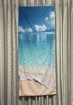 滝汗に！　【ハンドメイド・未使用】　ホットヨガマットタオル　海辺　砂浜　青空