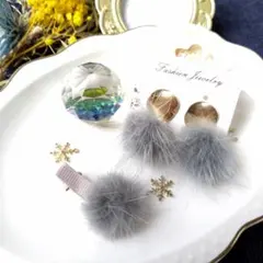 【6】グレーファーとゴールドプレートのイヤリング&ヘアクリップ