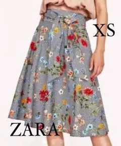 【美品】ZARA ギンガムチェック花柄スカート ミディ丈