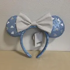 ミニーマウス（水色スパンコール×白リボン×ハート柄）カチューシャ