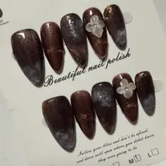 ネイルチップ 海外製 ハンドメイド M ダーク マグ ニュアンス ブラウン お花