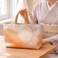 【◎57】 袋帯 リメイク ハンドメイド トートバッグ オレンジ シルバー