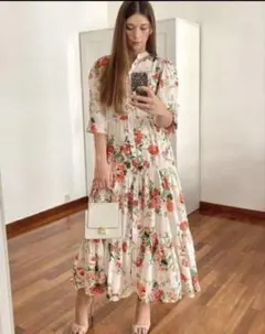 ZARA フラワープリントティアードロングワンピース 花柄 XL