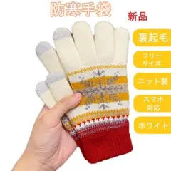 防寒手袋 ホワイト スマホ対応 裏起毛 グローブ 男女兼用 ニット レディース