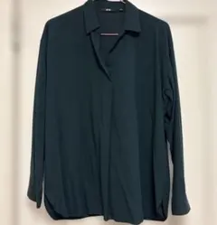 【美品】UNIQLO ユニクロ　ダークグリーン 長袖ブラウス　M スキッパー