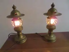 和風 置き灯籠 ブロンズ色金属鋳物2個セット 電気式 高24×笠幅13cm 