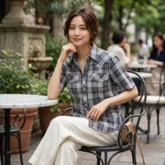 G706*アニエスベー☆半袖☆ウエスタン☆シャツ☆S☆チェック☆黒白☆綿100%