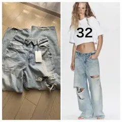 ZARA TRFミッドライズ折り返しウエストデニムパンツ 32