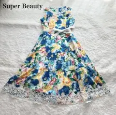 【美品】スーパービューティー 花柄 ワンピース ノースリーブ　ベルト　レース