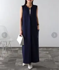 ボンジュールサガン フェイクレザーポケットディープVネックロング丈ワンピース