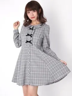 Ank Rouge フロントリボンチェックワンピース グレー