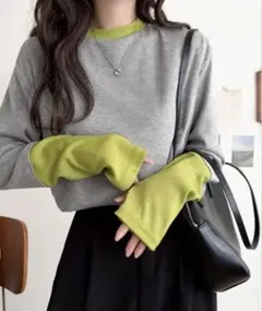 【クラシカルエルフ】配色長袖カットソー グレー×ライムグリーン