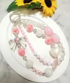 ハンドメイド リボンモチーフ 携帯ストラップ ビーズストラップ