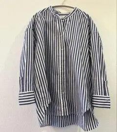 ストライプ 長袖シャツ ネイビー ホワイト　ships any ノーカラー