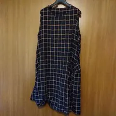 ネイビーオレンジチェックノースリーブワンピース　ジャンスカ