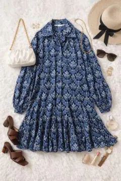 極美品☆ザラ ZARA 上品総柄コットンシャツワンピ S