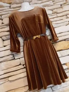 新品リランドチュール【Rirandture】ベロア七分ドットワンピース茶リボン