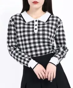 美品 W♡C ダブルシー【F】ギンガム ニット ショート スリーブ ポロシャツ