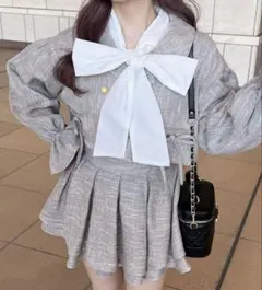 リボン付きツイードジャケット ツイードハイウエストフレアスカパン