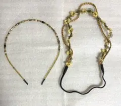 ビーズパールカチューシャ・フラワーヘアバンド　ヘッドドレス2点セット