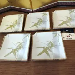 [新品]竹模様の陶器銘々皿5枚セット 箱入り