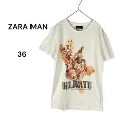 ザラ ZARA MAN プリント Tシャツ 白 36 ビジュー プリント装飾