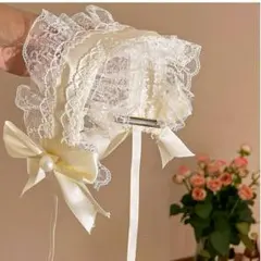 ヘッドドレス　アイボリーレース　ヒラヒラ ふわふわ　ロリータ