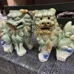 陶器製 狛犬 置物 ペア 縁起物 シーサー　緑、青、茶色　魔除け　縁起物のサムネイル