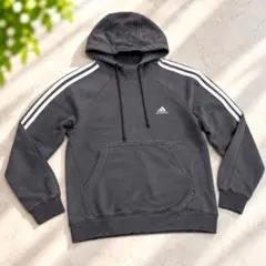 adidas 3ストライプ ジップパーカー 裏起毛 グレー M