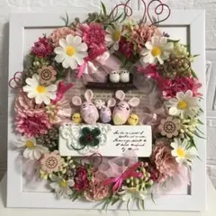 どんぐりアート　ピンク花　うさぎちゃん壁掛け（置物）のサムネイル
