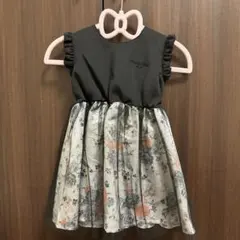 グレー 花柄 フリル付きドレス