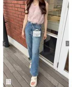 GRL ビジューストレートデニムパンツ ライトブルー