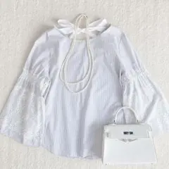 美品✨ネミカ レリアン フレアスリーブ ブラウス レース ストライプ リボン