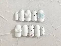 701.ウィッシュコアネイル　羽根　ドット　トレンド　ホワイト　リボン　ガーリー