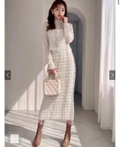 シャギーニットチェック柄トップスXタイトスカートセットアップ[dr491]