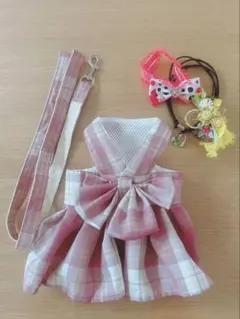 小型犬猫用チェック柄リボンドレスとリード